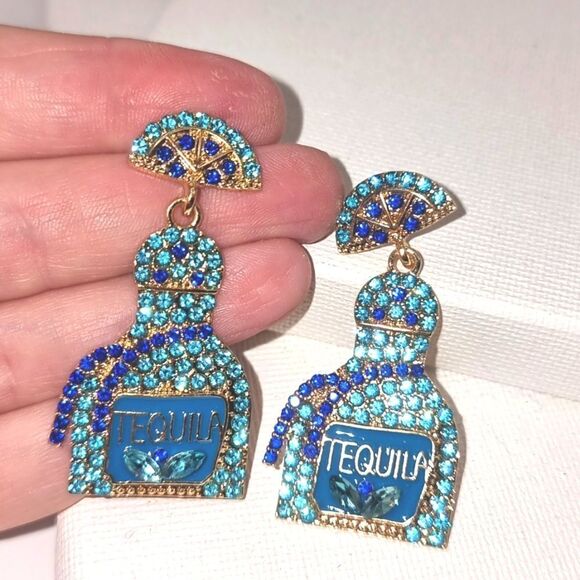 New TEQULIA BOTTLE TURQUOISE & COLBOLT BLUE rhinestone earrings - Picture 6 of 12